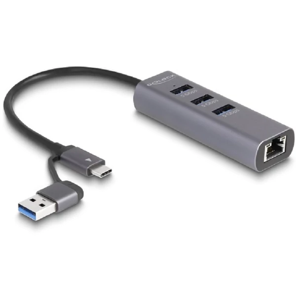 Delock 3 portos USB 5 Gbps Hub + Gigabit LAN USB Type-C  csatlakozóval vagy A-típusú USB csatlakozóval fém vázban