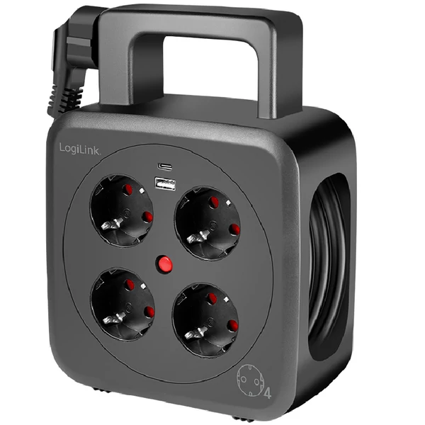 Logilink 5 m tápkábeldob, 4x AC aljzat, 1x USB-A, 1x USB-C, IP20, 3000 W