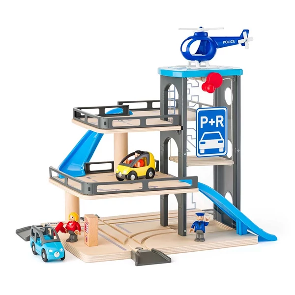 Két emeletes fa garázs játékszett járművekkel - Woodyland