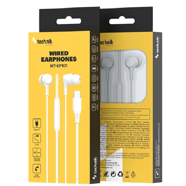 Technik fülhallgató C-type+Controller 1,2m fehér MT-EP101