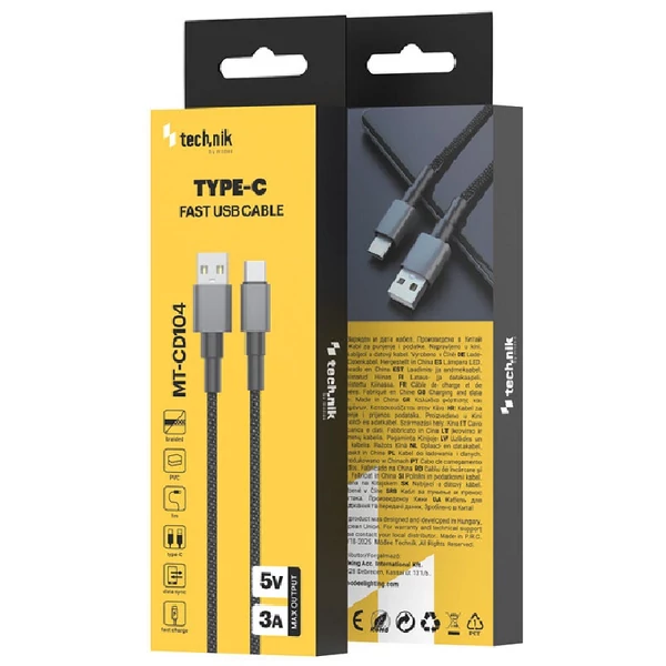 Technik Töltő-és Adatkábel Braided USB-A / USB-C 5V 3A 1m Fekete MT-CD104