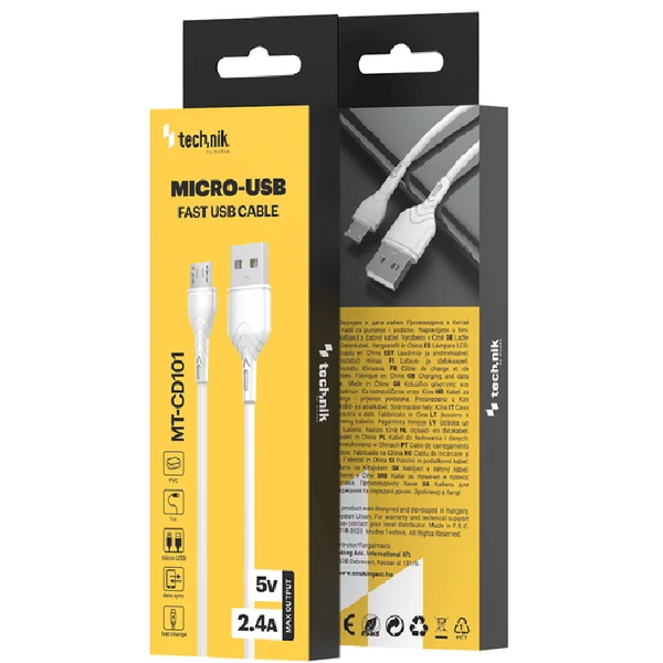 Technik Töltő-és Adatkábel PVC USB-A / Micro USB 5V 2,4A 1m Fehér MT-CD101