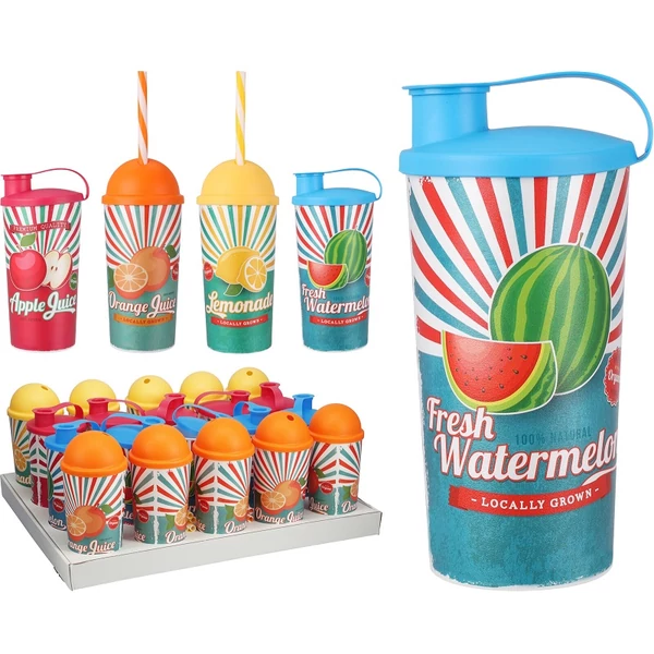 Műanyag pohár ivókával vagy szívószállal 470ml 4 féle mintával 049000340