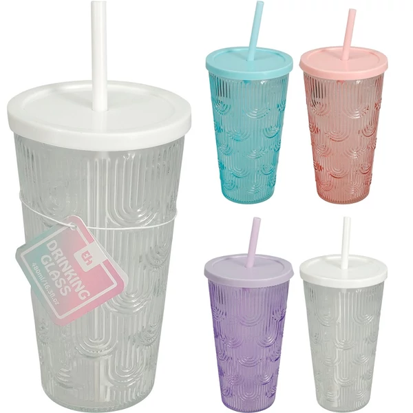 Üvegpohár tetővel és szívószállal 4 színben CD8298420