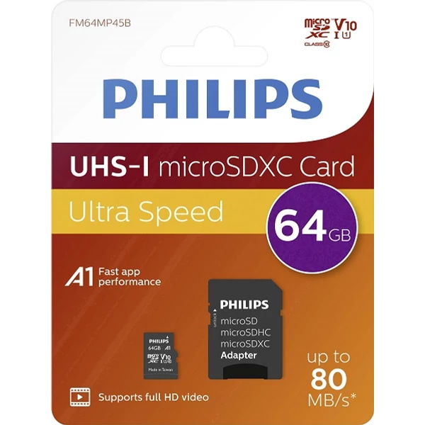 Philips Micro SDXC Memóriakártya 64GB Class 10 UHS-I U1 Adapter