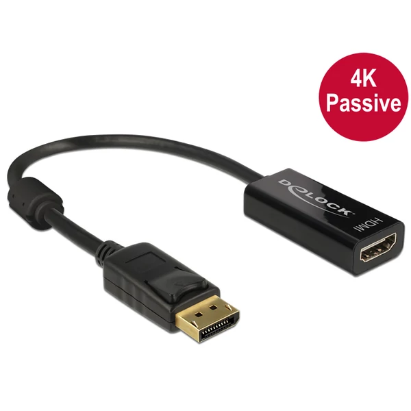Delock Adapter Displayport 1.2-dugós csatlakozó > HDMI-csatlakozóhüvely 4K passzív, 20cm, fekete