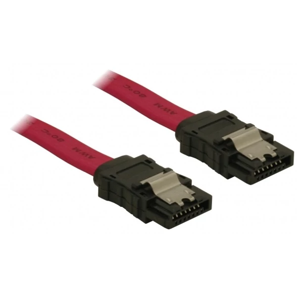 Delock SATA piros, egyenes/egyenes csatl. (fémlappal), 50 cm-es összekötő kábel