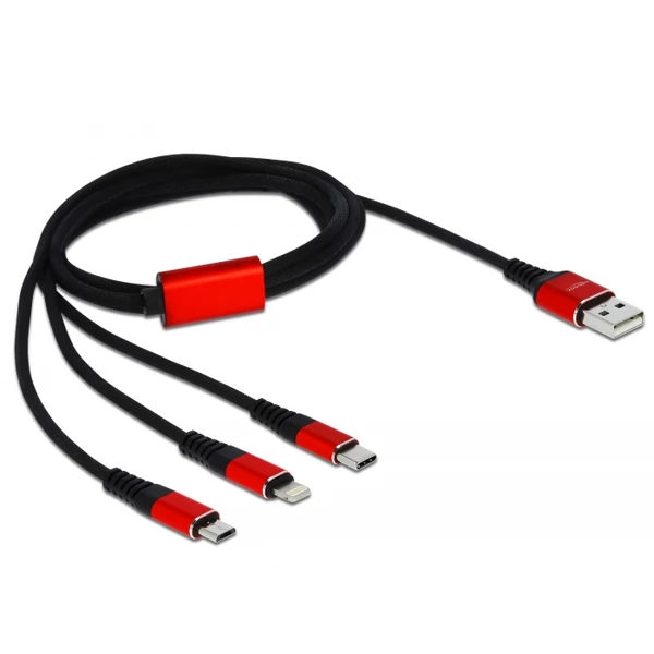 Delock 1 m hosszú, USB töltő kábel 3 az 1-ben Lightning-, Micro USB- és USB Type-C csatlakozáshoz