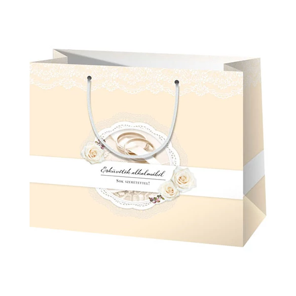 Krém színű esküvői közepes méretű ajándéktáska 18x10x23cm