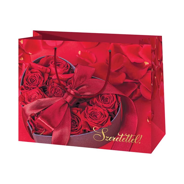 Nagy méretű rózsás ajándéktáska "Szeretettel" felirattal 26x14x33cm