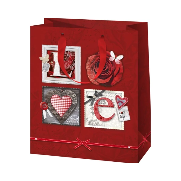 Love rózsa mintás közepes méretű ajándéktáska 18x23x10cm-es