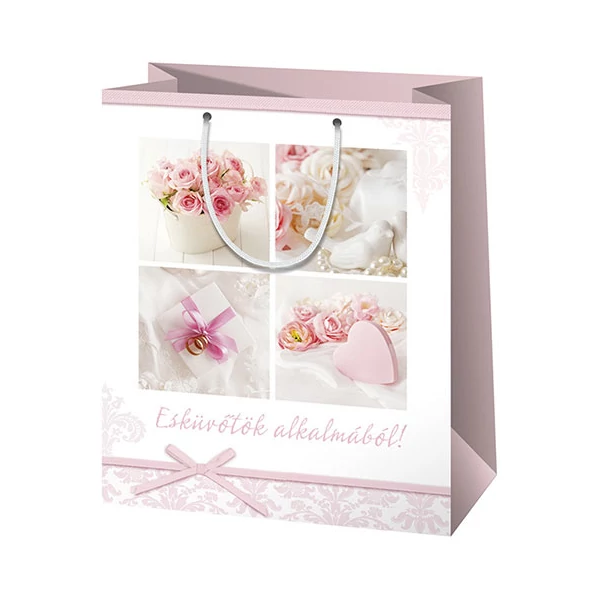 Esküvőtök alkalmából! felirattal díszített nagy méretű ajándéktáska 27x14x33cm