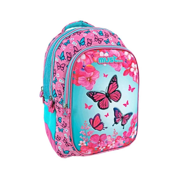 Must... Pillangó három rekeszes lekerekített iskolatáska, hátizsák 32x18x43cm