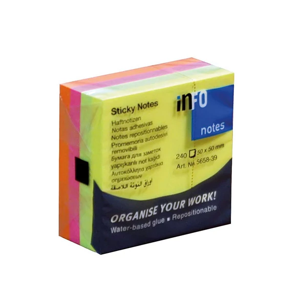Öntapadós jegyzettömb 50x50mm 240 lapos foszforeszkáló színekben