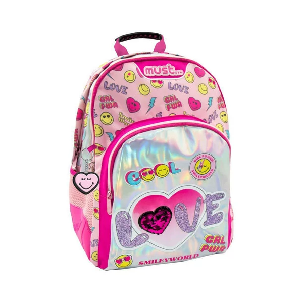 Must... Smiley három rekeszes lekerekített iskolatáska, hátizsák 32x18x43cm