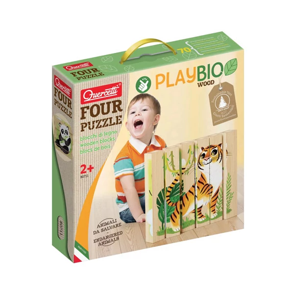 Quercetti: PlayBio Veszélyeztetett állatok 4 az 1-ben fahasáb puzzle