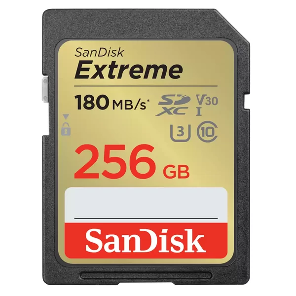 Sandisk sdxc extreme kártya 256gb, 180/130 mb/s , uhs-i, class 10, u3, v30 (121581)