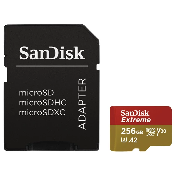 Sandisk microsd extreme kártya 256gb, 190/130 mb/s, a2 c10 v30 uhs-i u3 (121587)