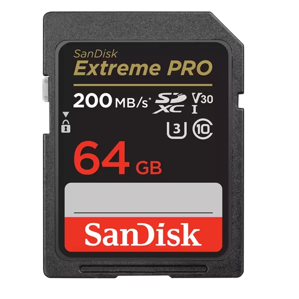 Sandisk sdxc extreme pro kártya 64gb, 200/90 mb/s , uhs-i, class 10, u3, v30 (121595)