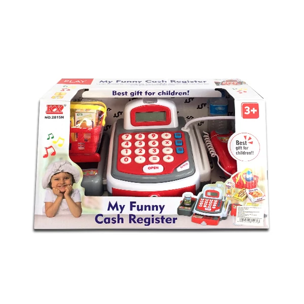 Elektronikus piros-fehér pénztárgép kosárral és kiegészítőkkel