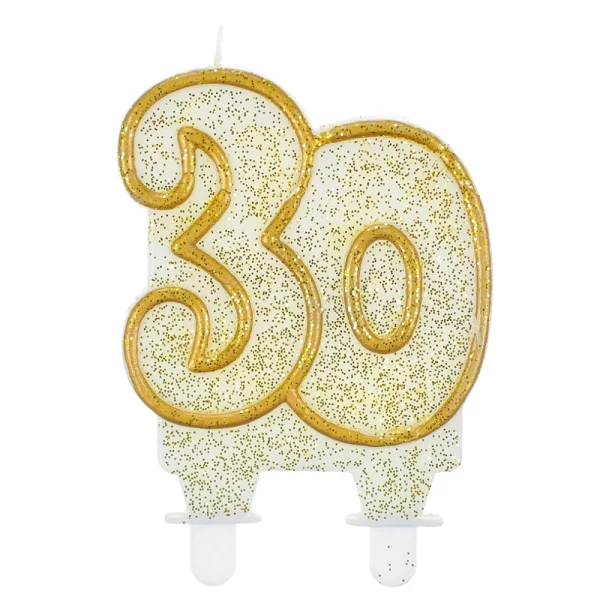 Fehér-arany szegélyes 30. évszámos party tortagyertya