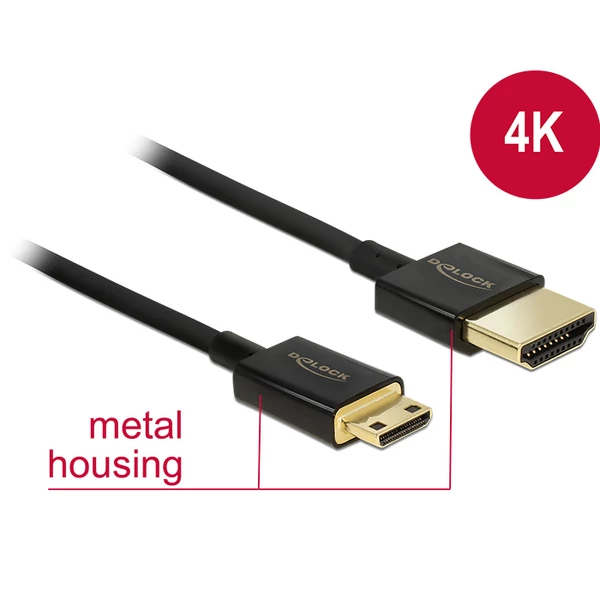 Delock kábel High Speed HDMI Ethernettel - HDMI-A apa> HDMI Mini-C apa3D 4K 2 m vékony Premium