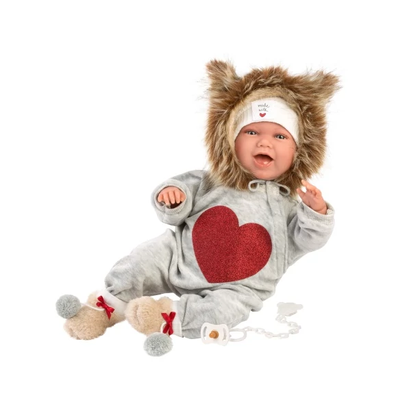 Llorens: Mimi Sonrisas 42cm-es kacagó újszülött baba szívecskés pizsamában