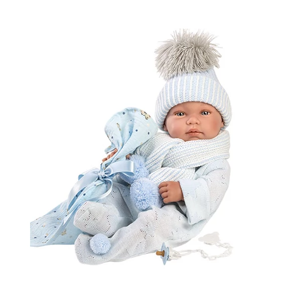 Llorens: Tino 43cm-es újszülött fiú baba kék babapléddel, cumival és 3db különböző ruhával