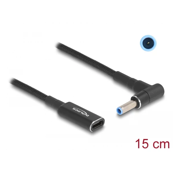 Delock Laptop töltőkábel adapterkábel USB Type-C anya - HP 4,5 x 3,0 mm apa 90 fokban hajlított 15 cm