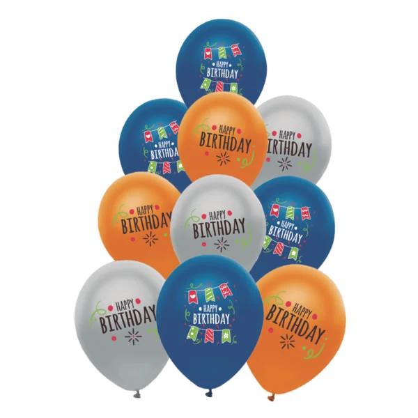 "Happy Birthday!" feliratú kék-narancssárga-szürke lufi 10db 