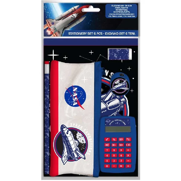 Luna: 6db-os NASA írószer szett tolltartóval, számológéppel és írószerekkel