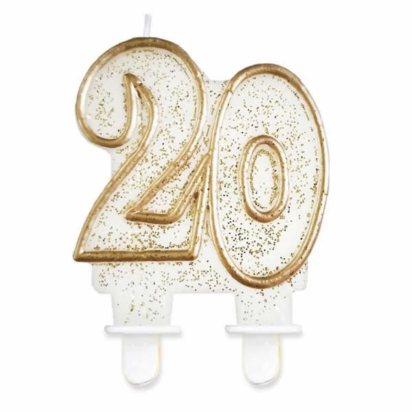 Party tortagyertya 20. évszámos fehér színben, arany szegéllyel