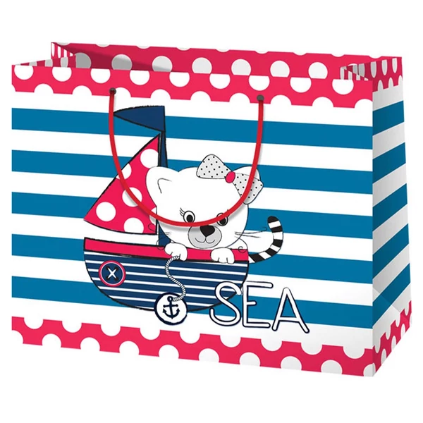 Cica egy vitorlás hajóban nagy méretű ajándéktáska 27x14x33cm-es