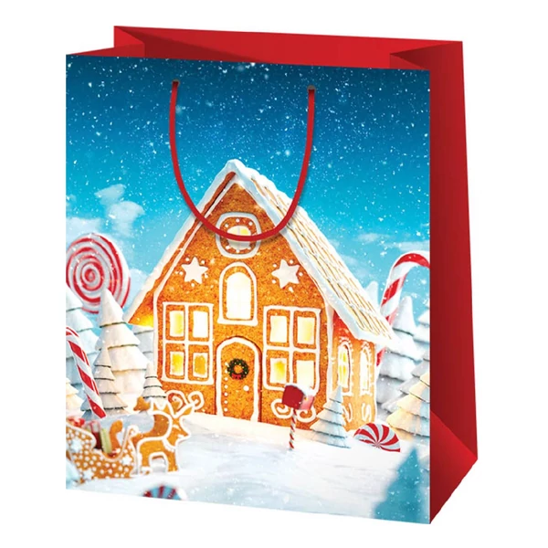 Mézeskalács házikó mintás közepes ajándéktáska 18x10x23cm