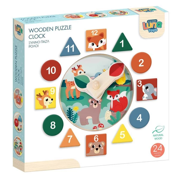 Színes fa formaillesztő óra készségfejlesztő játék 12db-os
