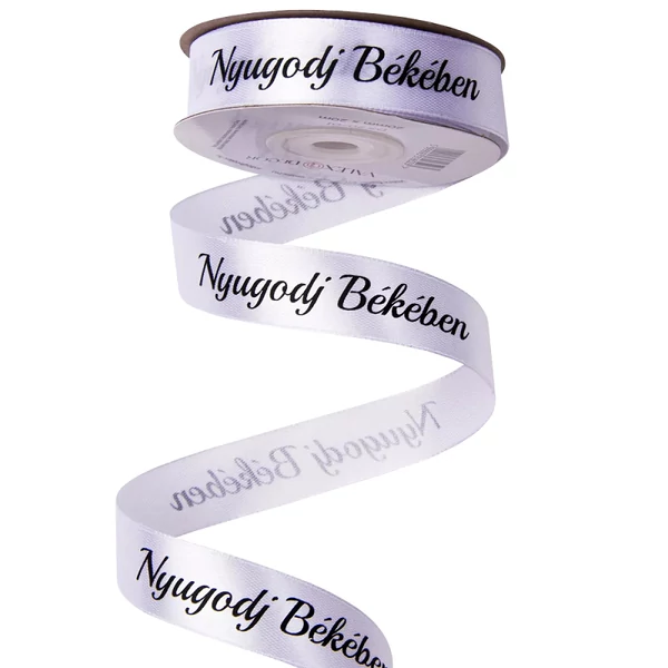 Kegyeleti szatén szalag fehér színben nyugodj békében felirattal 20mmx20m DX20-01