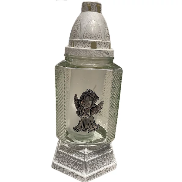 Karácsonyi kegyeleti mécses angyalkás mintával ezüst színben RZ-12 A