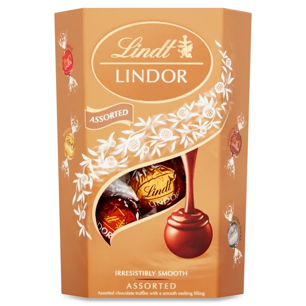 Lindt Lindor tejcsokoládé, fehércsokoládé és extra étcsokoládé pralinék töltelékkel 200 g