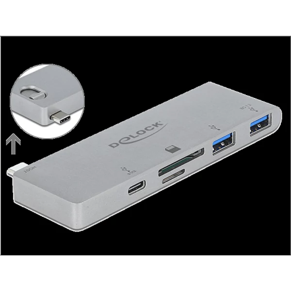 Delock 3 portos elosztó és 2 bemenetes kártyaolvasó MacBook-hoz 3.0 PD-vel és mozgatható (behúzható)