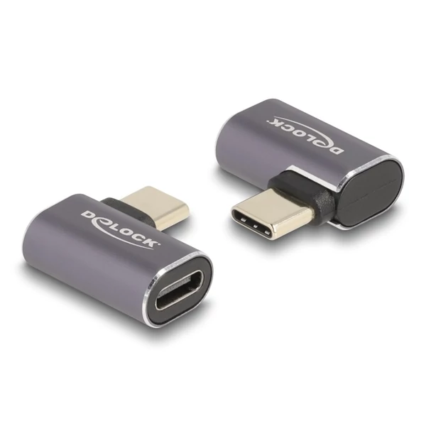 Delock USB Adapter 40 Gbps USB Type-C  PD 3.0 100 W csatlakozódugóval - csatlakozóhüvellyel, ívelt bal / jobb 8K 60 Hz fém
