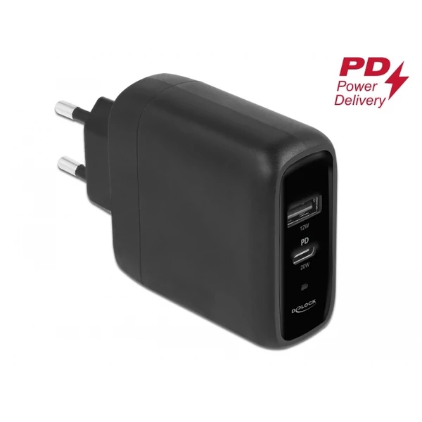 Delock USB töltő USB Type-C  PD 3.0 és A-típusú USB-hez 20 W + 12 W teljesítménnyel