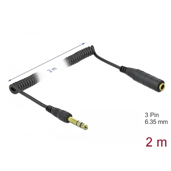 Delock Csavartkábel meghosszabbítás 3 tűs 6,35 mm sztereo Jack apa   sztereo jack anya 2 m, fekete