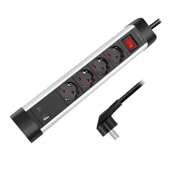 Logilink Aljzat 4 utas + kapcsoló, 4x CEE 7/3, 1x USB-A, 1x USB-C