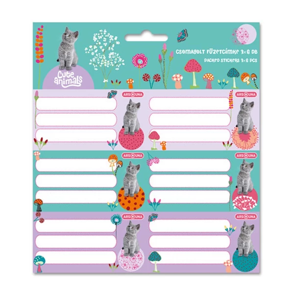 Ars Una: Cuki állatok - Cica mintás csomagolt füzetcímke 3x6db-os