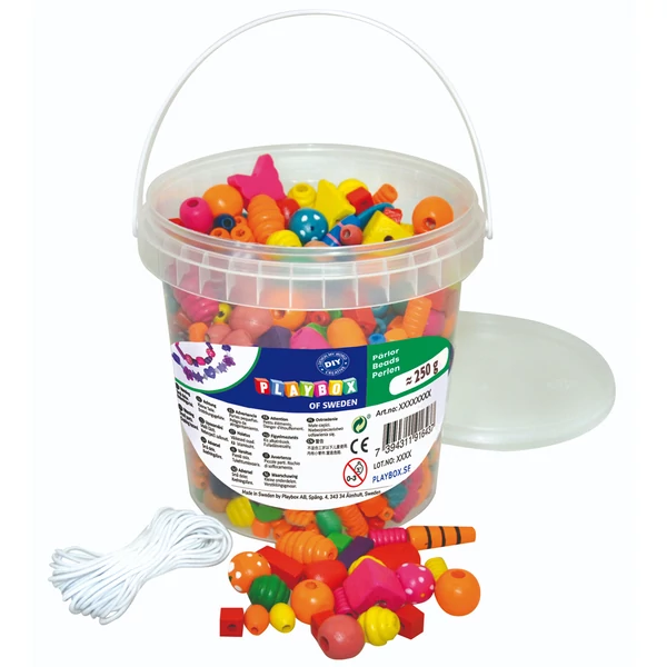 PlayBox: Színes fűzhető fa gyöngy szett vödörben 250gr