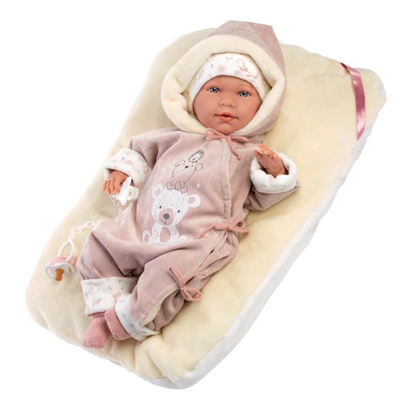 Llorens: Lala 42cm-es baba hanggal macis ruhában, ágyikóval