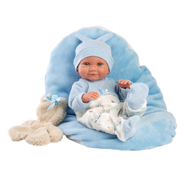 Llorens: Nico 40cm-es újszülött baba macival és kék ágyikóval