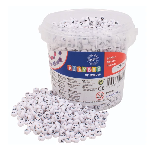 PlayBox: Betűs gyöngy szett vödörben fekete-fehér színben 2500 db-os