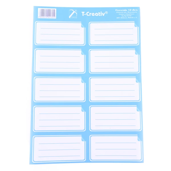 T-Creative világoskék színű füzetcímke 1ív 