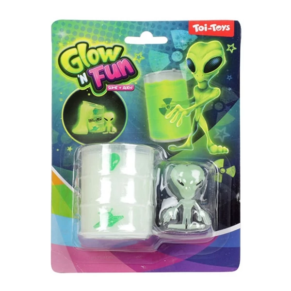 Glow'N Fun Slime Alien: Fluoreszkáló slime trutyi olajos hordóban űrlény figurával